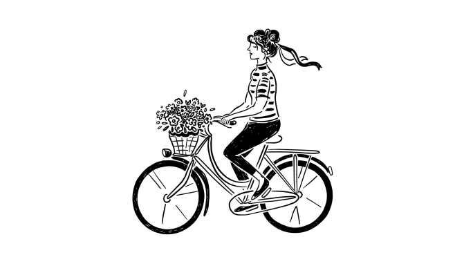 可爱的手绘动画。女孩骑着带花的自行车
