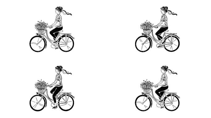 可爱的手绘动画。女孩骑着带花的自行车