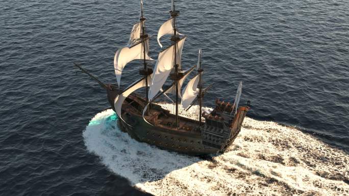 在广阔的蓝色海洋上航行的中世纪船只。