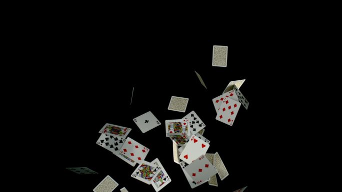 扑克牌落在黑色背景上，慢动作