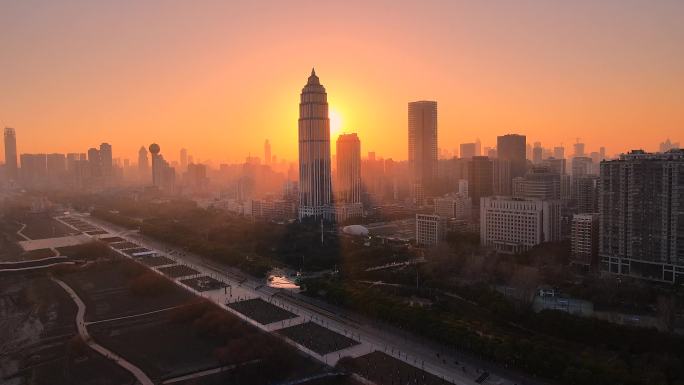武汉汉口江滩地标天悦外滩金融中心日落航拍