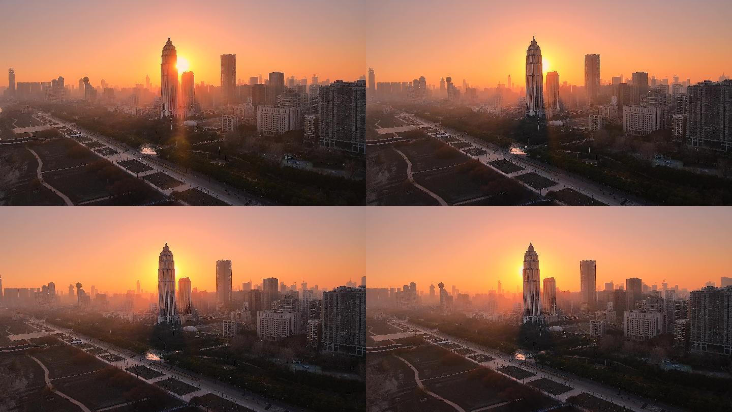 武汉汉口江滩地标天悦外滩金融中心日落航拍