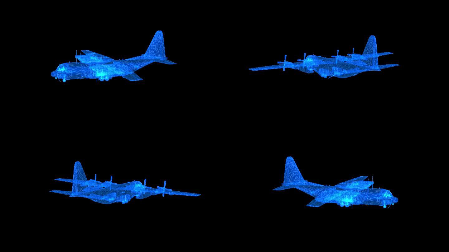 蓝色线框全息科技飞机（透明通道）