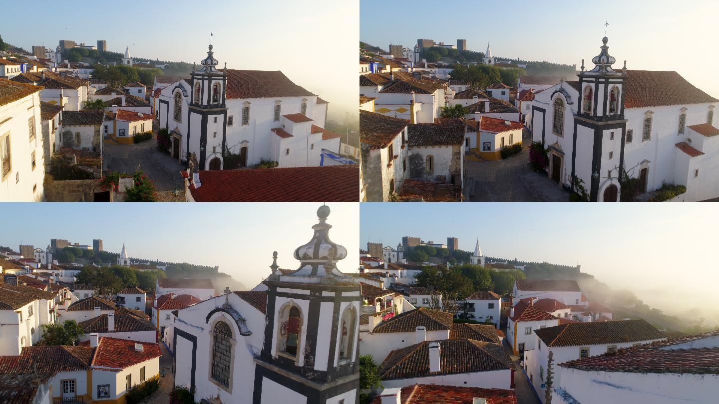 鸟瞰典型葡萄牙小镇的小教堂