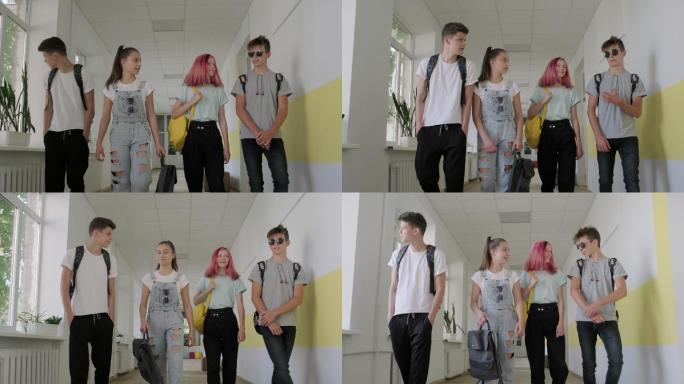 一群学生一起走在学校走廊上