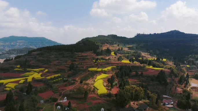 航拍四川盆地的大山庄稼地