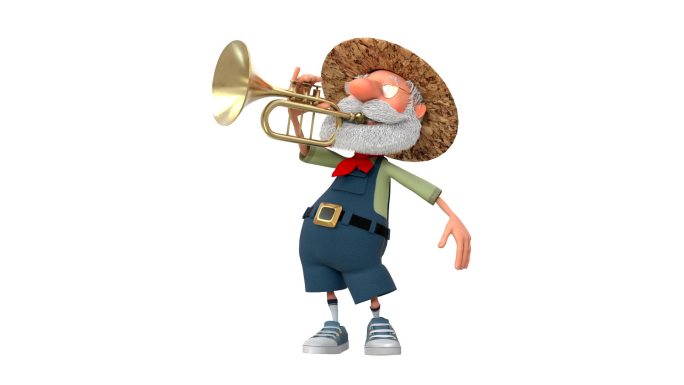 3d插图一位留着胡子的老农民在演奏管乐器