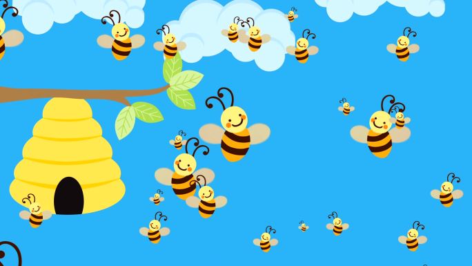 卡通蜜蜂飞向她的蜂巢