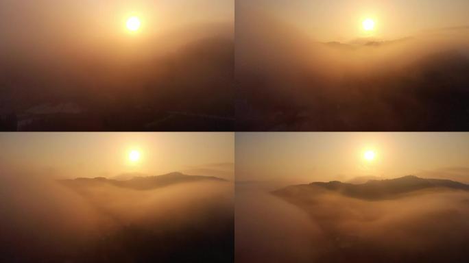 清晨穿雾看日出航拍