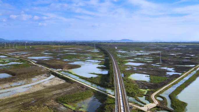 高清航拍、合福铁路跨越巢湖湿地沿途风景