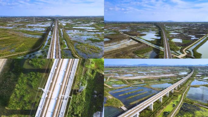 高清航拍、合福铁路跨越巢湖湿地沿途风景