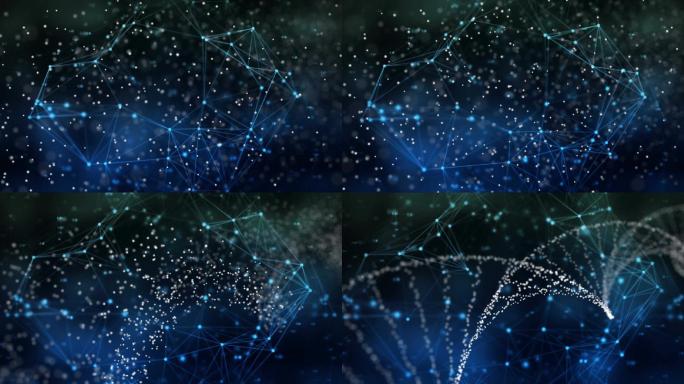 黑色背景上发光的连接网络前的DNA结构