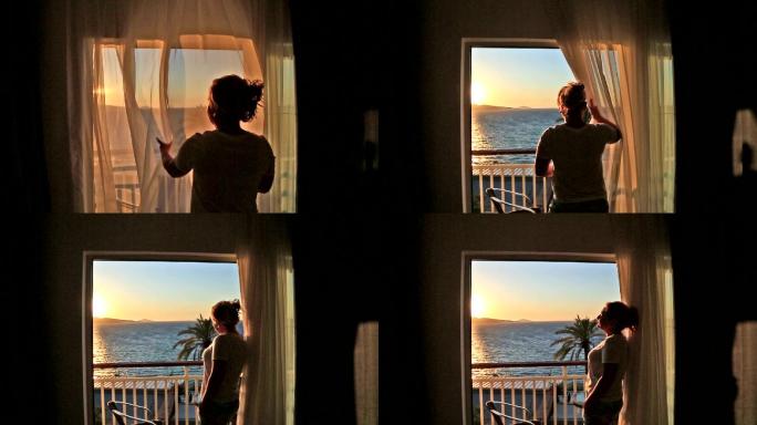 透过窗户望向大海的女人