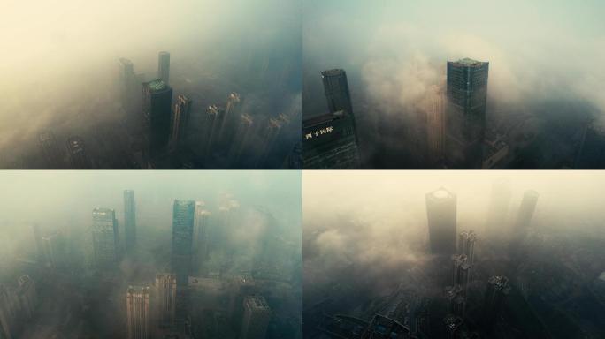 航拍杭州临平新城平流雾