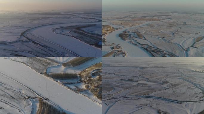 冬季 河流 雪 航拍 东北 黑土地