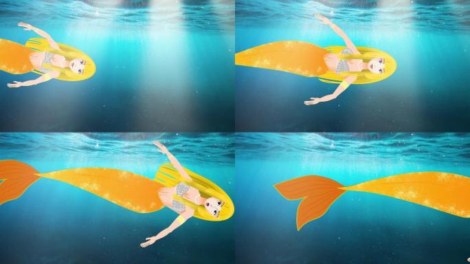 美人鱼在水下游泳卡通美人鱼海底世界水底世