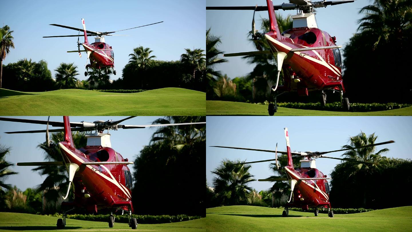 空中飞行的直升机私人航班飞机场富豪庄园