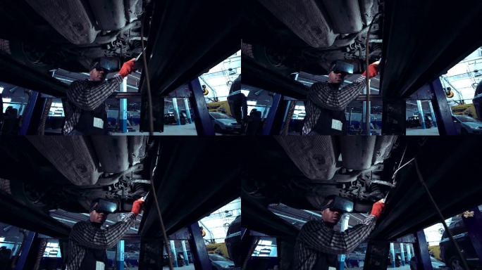汽车机修工使用VR谷歌眼镜修理汽车