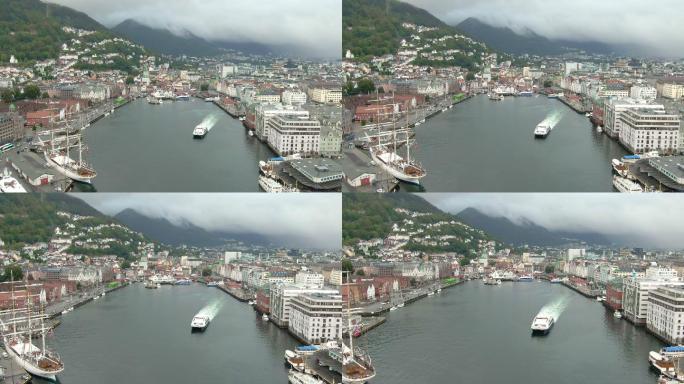 挪威卑尔根市港口鸟瞰图