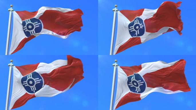 美国威奇托市旗帜飘扬蓝天白云旗杆