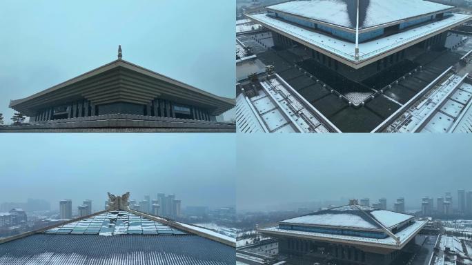 4K曲阜航拍孔子博物馆冬日雪景
