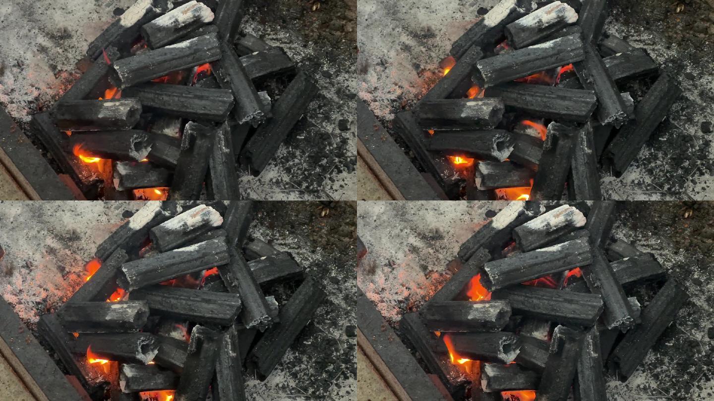 野外烧烤升格慢门木炭炭火高清素材