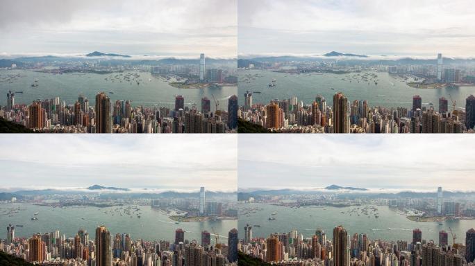 香港太平山顶俯瞰香港全景延时摄影