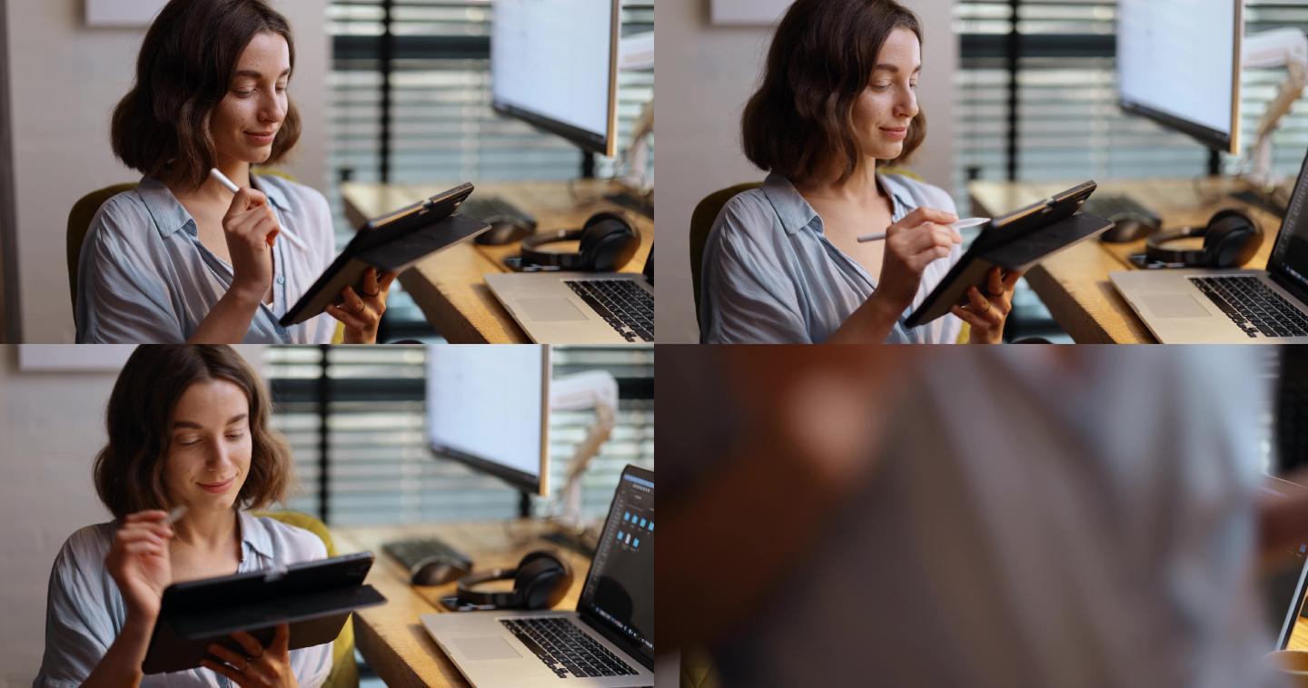 在家庭办公室使用数字平板电脑的女性