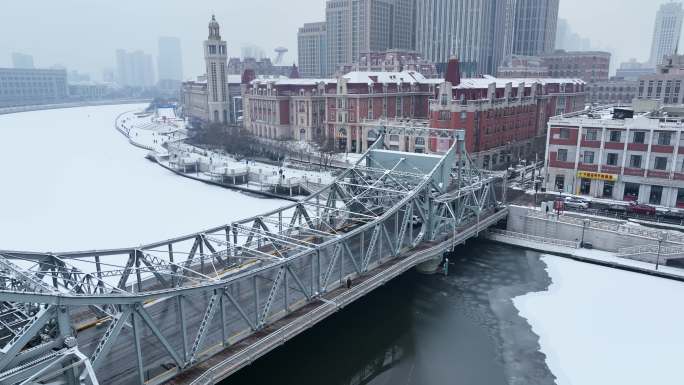 天津海河解放桥天津站雪景 环绕