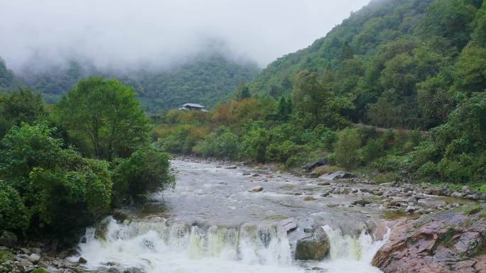 航拍雨后山林间小溪云雾缭绕