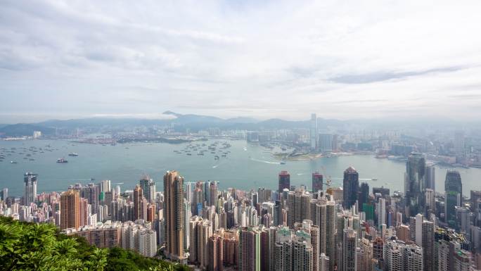 香港太平山顶俯瞰香港全景延时摄影