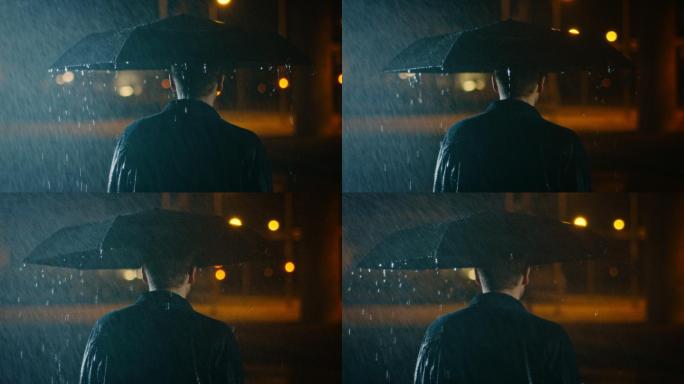 年轻男子打着雨伞在雨中行走。