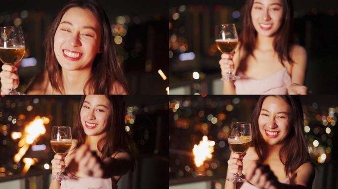 一位年轻的女子拿着火花跳舞，庆祝新年。