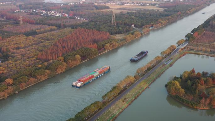 4K原素材-内河航道运河集装箱货船水运