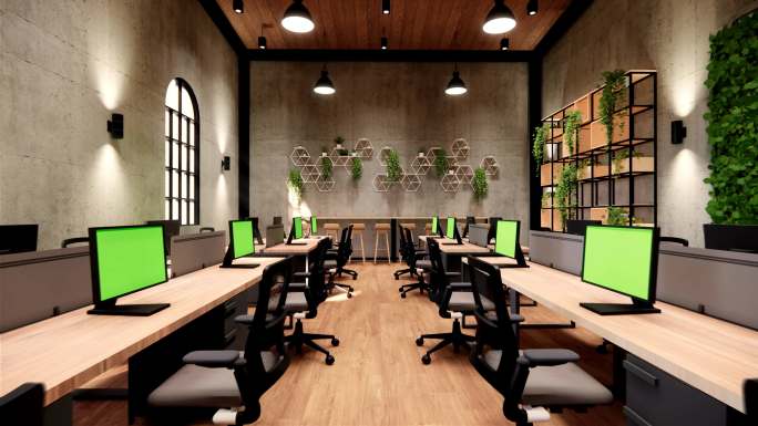 室内空旷的办公室开放空间画面。
