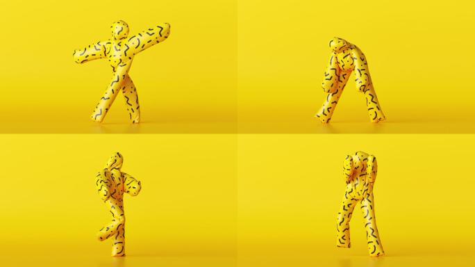 在黄色背景上跳舞的3d卡通人物