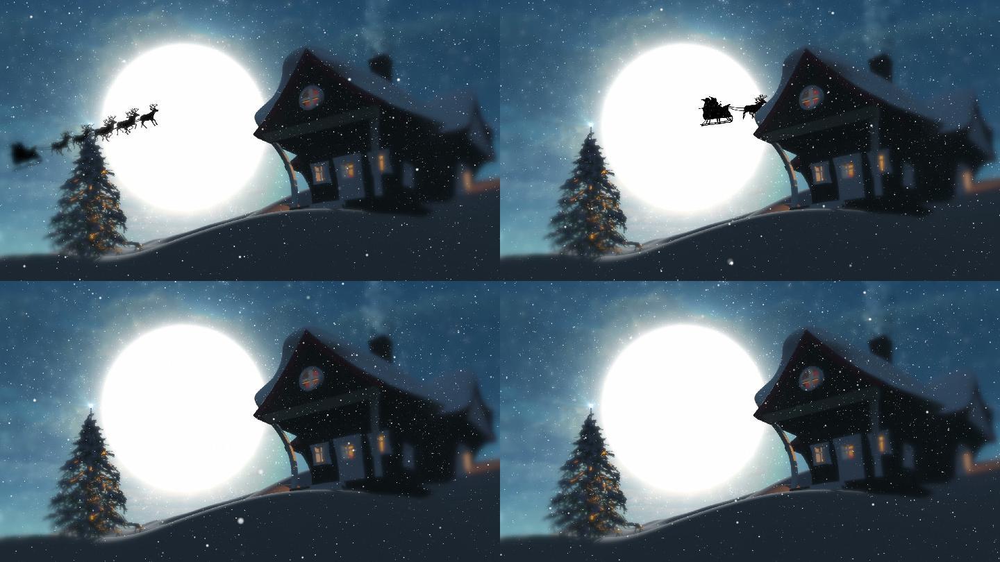 圣诞夜月亮夜晚晚上雪山小屋子