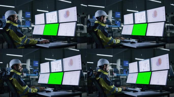 男性操作员控制设施，使用绿色屏幕计算机