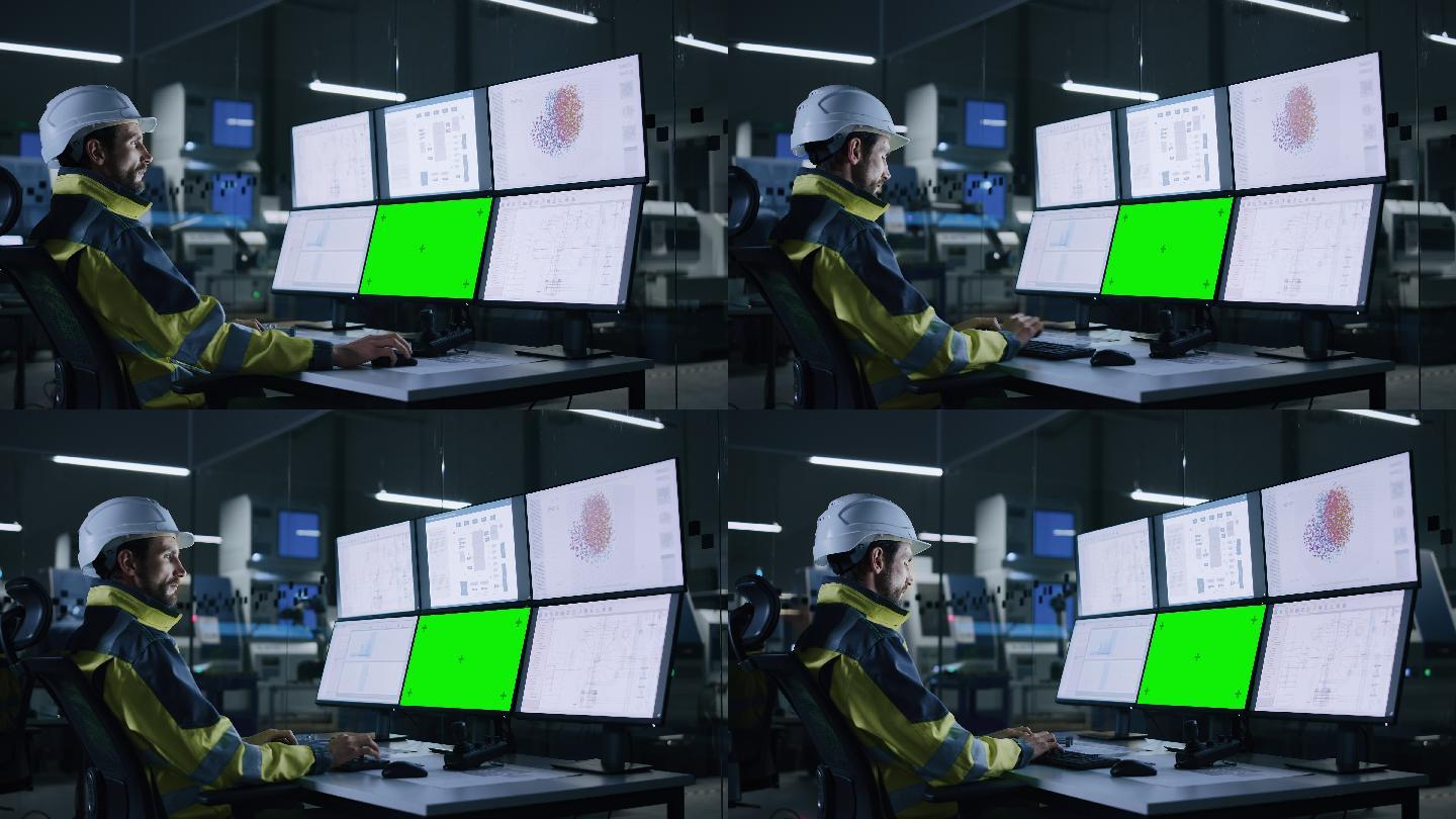 男性操作员控制设施，使用绿色屏幕计算机