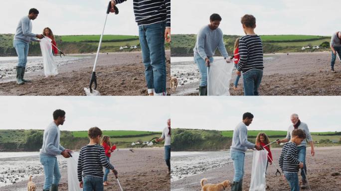 多代家庭在冬季海滩收集垃圾