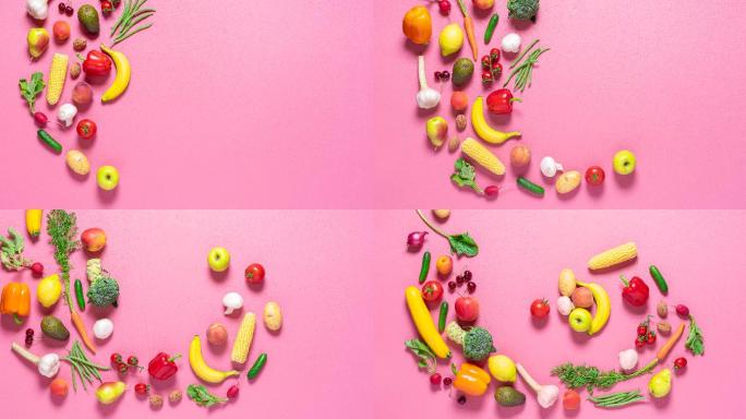 粉色背景上的有机新鲜蔬菜动画