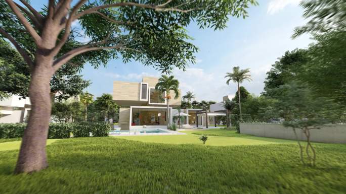带游泳池和热带花园的现代立方体房屋
