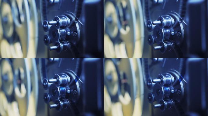 电影胶片通过磁带路径的移动特写