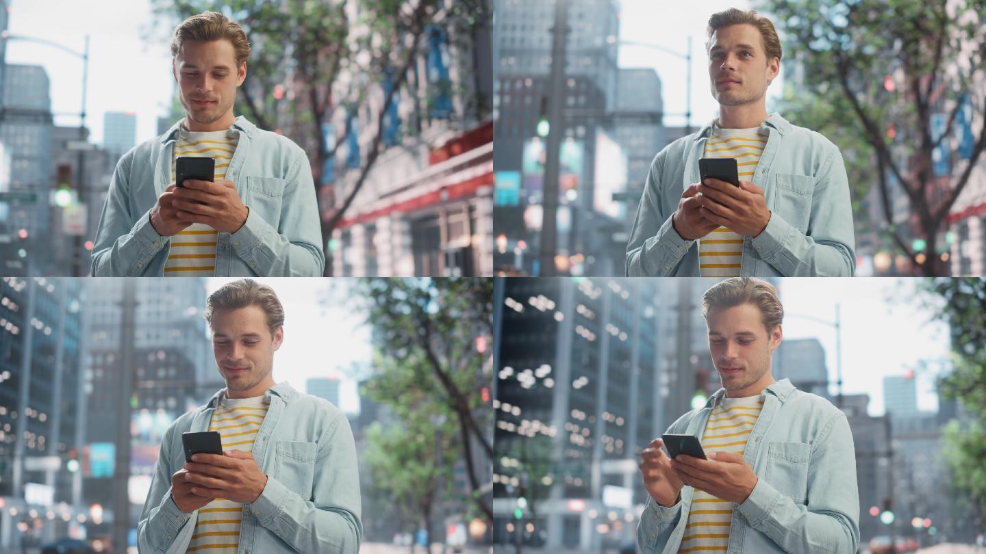 使用手机的男人国外外国街头街景男子聊天