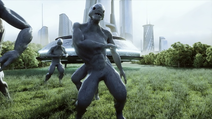 有趣的外星人在飞碟飞船附近的草地上跳舞。