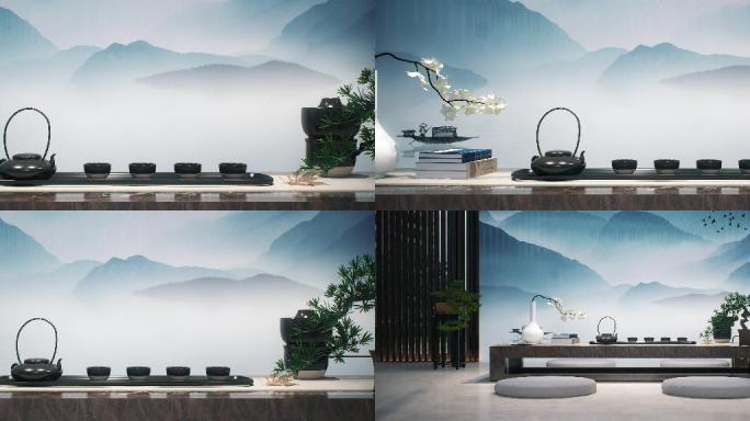 三维动画空镜头高档社区新中式风格休闲茶室