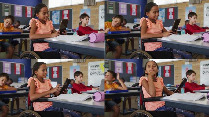 女学生，坐在教室里使用平板电脑