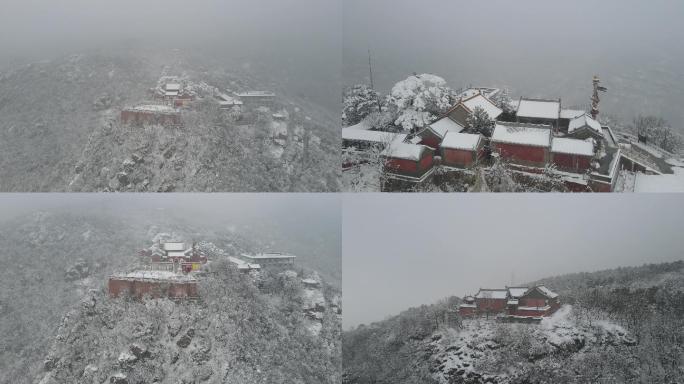 航拍雪后的北京门头沟妙峰山景区