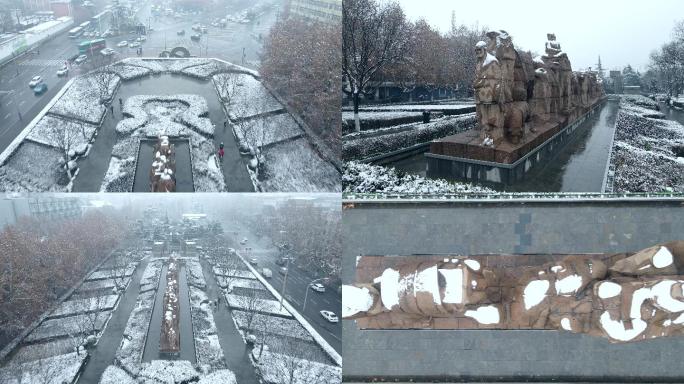 西安丝绸之路起点丝绸群雕航拍雪景