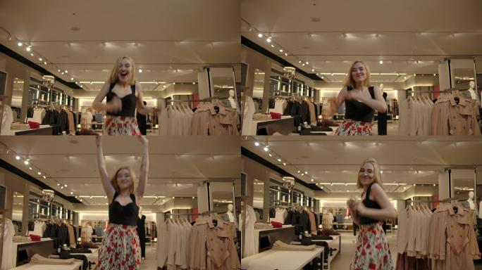 购物中心室内疯狂跳舞的女孩